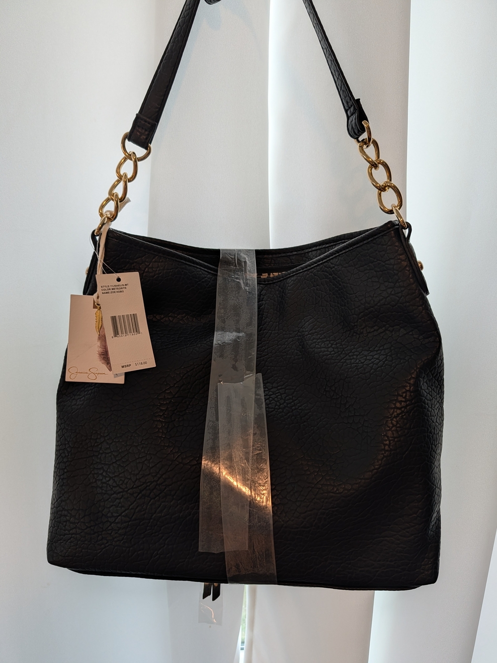 Jessica Simpson Black Shoulder Tote Bag with Gold Chain Detail